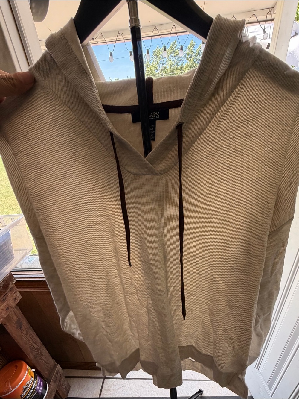 Chaps Men's Cream Crewneck Hoodie with Dark Drawstrings